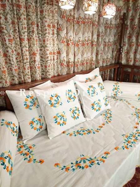 Classic White! Fabulous Hand-embroidered Needlepoint Florals on Rich Pure Cotton; Day Bed Diwan Set with Cover, 5 Throw Pillows and 2 End Pillows. Sheet- 90x60 Inches, Pillows- 17x17 Inches, End Pillows- 33x17 Inches-Mu-50171-70191