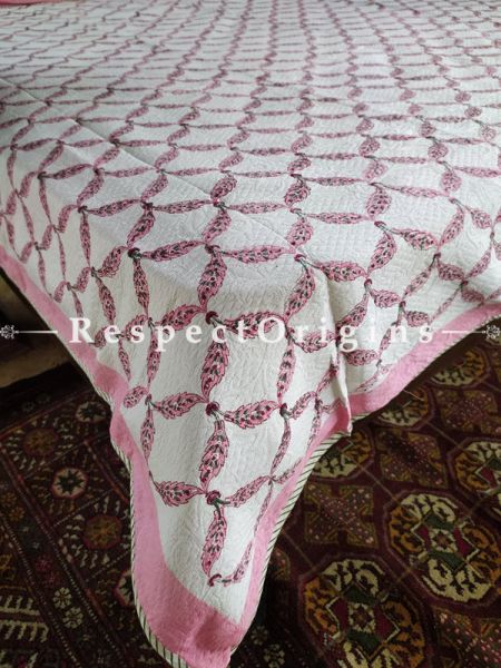 Quilted Block Printed High Quality Double Bedspread in White & Pink with 2 Shams; Bedspread 115 x 90 Inches , Pillow Shams 29 x 19 Inches; RespectOrigins.com