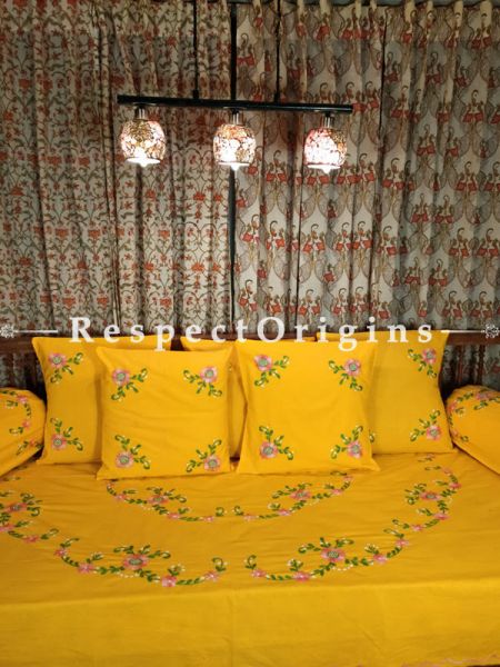 Splash of Luxury! Sunshine Yellow Hand-embroidered Needlepoint Florals on Rich Pure Cotton; Day Bed Diwan Set with Cover, 5 Throw Pillows and 2 End Pillows. Sheet- 90x60 Inches, Pillows- 17x17 Inches, End Pillows- 33x17 Inches-Mu-50171-70188