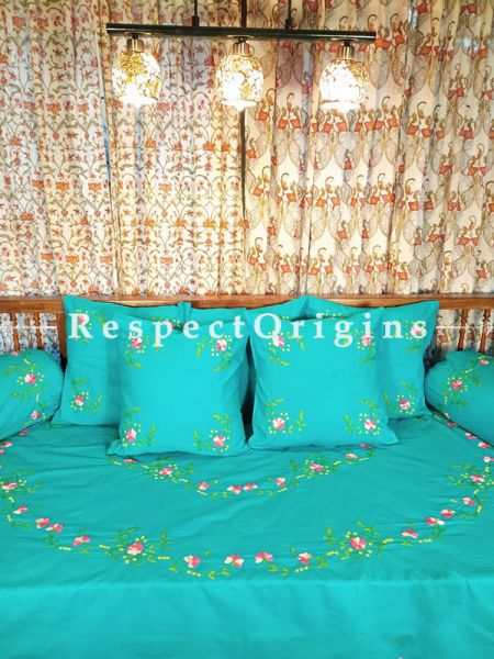 Emerald Green Red Hand-embroidered Needlepoint Florals on Rich Pure Cotton; Day Bed Diwan Set with Cover, 5 Throw Pillows and 2 End Pillows. Sheet- 90x60 Inches, Pillows- 17x17 Inches, End Pillows- 33x17 Inches-Mu-50171-70196