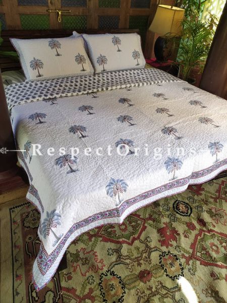 White Quilted Block Printed High Quality Double Bedspread Tree Motifs With 2 Shams; Bedspread 110 X 90 Inches , Pillow Shams 29 X 19 Inches ; RespectOrigins.com