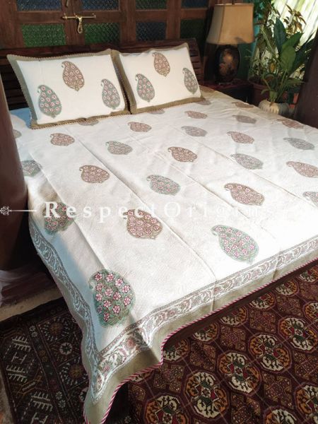 Quilted Block Printed High Quality Double Bedspread in White & Green with 2 Shams; Bedspread 115 x 90 Inches , Pillow Shams 29 x 19 Inches; RespectOrigins.com