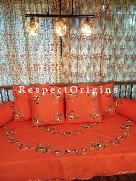 Nectarine Orange! Hand-embroidered Needlepoint Florals on Rich Pure Cotton; Day Bed Diwan Set with Cover, 5 Throw Pillows and 2 End Pillows.Sheet- 90x60 Inches, Pillows- 17x17 Inches, End Pillows- 33x17 Inches-Mu-50171-70197