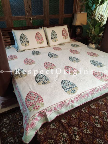 Quilted Block Printed High Quality Double Cream Bedspread with 2 Shams; Bedspread 115 x 90 Inches , Pillow Shams 29 x 19 Inches; RespectOrigins.com