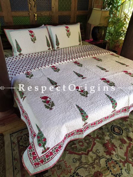White Quilted Block Printed High Quality Double Bedspread In White with Green Leaf Motifs With 2 Shams; Bedspread 110 X 90 Inches , Pillow Shams 29 X 19 Inches ; RespectOrigins.com