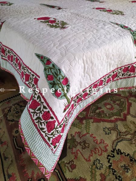 White Quilted Block Printed High Quality Double Bedspread In White with Green Leaf Motifs With 2 Shams; Bedspread 110 X 90 Inches , Pillow Shams 29 X 19 Inches ; RespectOrigins.com