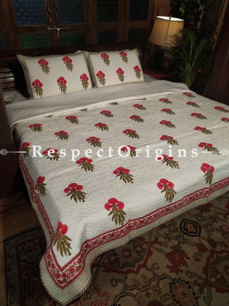 Quilted Block Printed High Quality Double Bedspread In Cream with Red & Green Floral Motifs With 2 Shams; Bedspread 110 X 90 Inches , Pillow Shams 29 X 19 Inches; RespectOrigins.com