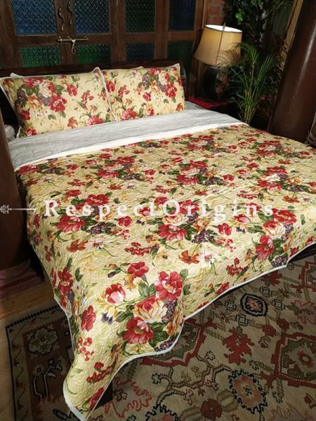 Gorgeous Yellow Printed Quilted Block Printed High Quality Double Bedspread, 2 Shams; Bedspread 110 X 90 Inches , Pillow Shams 29 X 19 Inches ; RespectOrigins.com