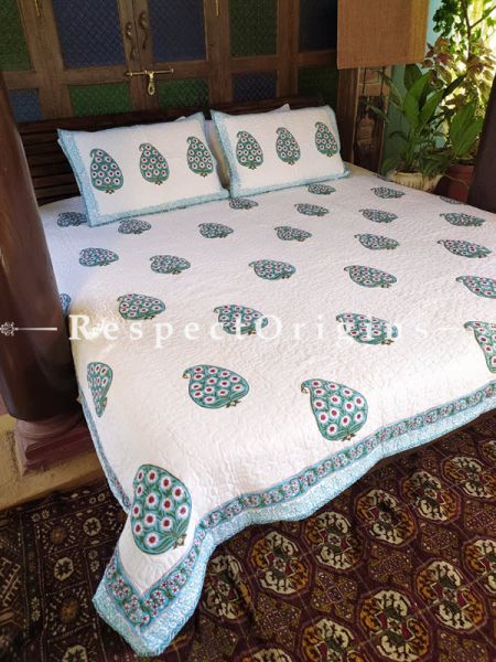 Quilted Block Printed High Quality Double Bedspread in White with 2 Shams; Bedspread 110 x 90 Inches , Pillow Shams 29 x 19 Inches; RespectOrigins.com