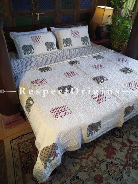 White Quilted Block Printed High Quality Double Bedspread; 2 Shams; Bedspread 110 X 90 Inches , Pillow Shams 29 X 19 Inches ; RespectOrigins.com