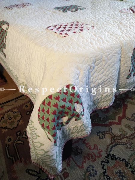 White Quilted Block Printed High Quality Double Bedspread; 2 Shams; Bedspread 110 X 90 Inches , Pillow Shams 29 X 19 Inches ; RespectOrigins.com