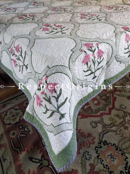 Quilted Block Printed High Quality Double Bedspread In White With Pink Floral Motifs With 2 Shams; Bedspread 110 X 90 Inches , Pillow Shams 29 X 19 Inches ; RespectOrigins.com