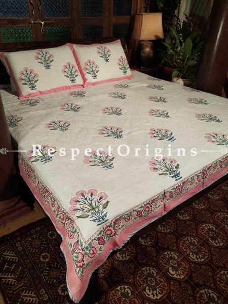 Quilted Block Printed High Quality Double Bedspread in White and Pink with 2 Shams; Bedspread 115 x 90 Inches , Pillow Shams 29 x 19 Inches; RespectOrigins.com