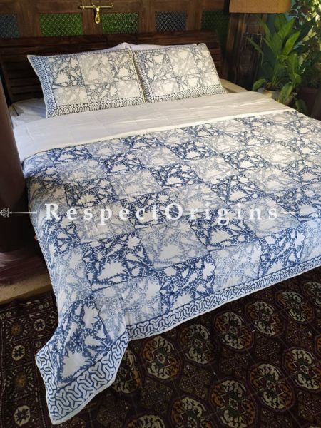 Quilted Block Printed High Quality Double Bedspread in Blue with 2 Shams; Bedspread 110 x 90 Inches , Pillow Shams 29 x 19 Inches ; RespectOrigins.com