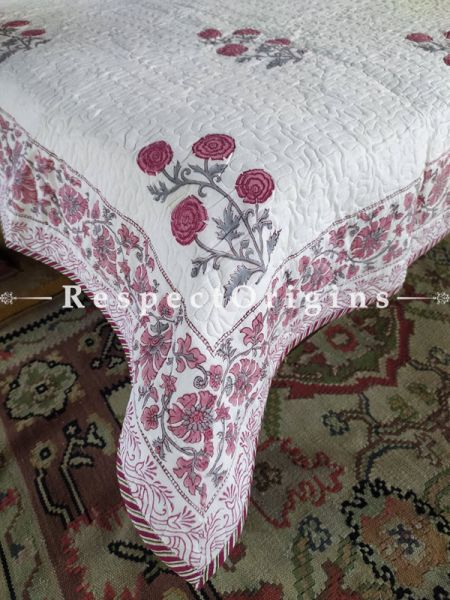 Quilted Block Printed High Quality Double Bedspread with Red Floral Motifs In White With 2 Shams; Bedspread 110 X 90 Inches,Pillow Shams 29 X 19 Inches; RespectOrigins.com