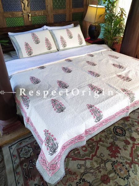 Pink Motifs on White Quilted Block Printed High Quality Double Bedspread, 2 Shams; Bedspread 110 X 90 Inches , Pillow Shams 29 X 19 Inches ; RespectOrigins.com
