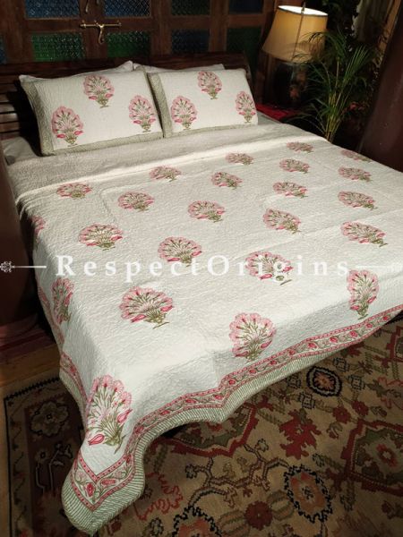 Quilted Block Printed High Quality Double Bedspread In Cream with Pink Tree Motifs With 2 Shams; Bedspread 110 X 90 Inches , Pillow Shams 29 X 19 Inches; RespectOrigins.com