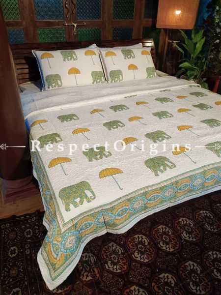 Quilted Block Printed High Quality Double Bedspread in White, Green & Yellow with 2 Shams; Bedspreaed 110 x 90 Inches , Pillow Shams 29 x 19 Inches; RespectOrigins.com
