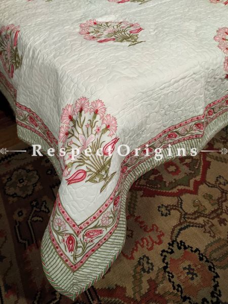 Quilted Block Printed High Quality Double Bedspread In Cream with Pink Tree Motifs With 2 Shams; Bedspread 110 X 90 Inches , Pillow Shams 29 X 19 Inches; RespectOrigins.com