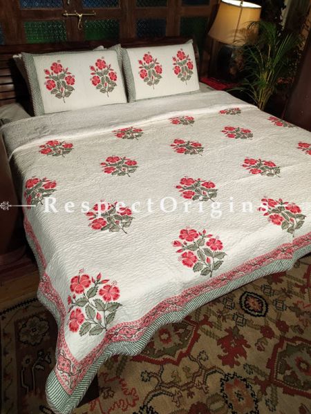 Quilted Block Printed High Quality Double Bedspread In White with Red Floral Motifs With 2 Shams; Bedspread 110 X 90 Inches , Pillow Shams 29 X 19 Inches; RespectOrigins.com