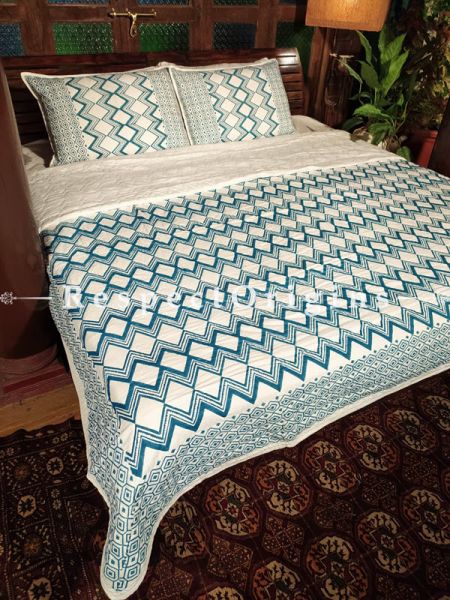 Quilted Block Printed High Quality Double Bedspread in Sea Green with 2 Shams; Bedspread 110 x 90 Inches , Pillow Shams 29 x 19 Inches; RespectOrigins.com