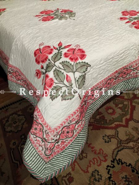 Quilted Block Printed High Quality Double Bedspread In White with Red Floral Motifs With 2 Shams; Bedspread 110 X 90 Inches , Pillow Shams 29 X 19 Inches; RespectOrigins.com