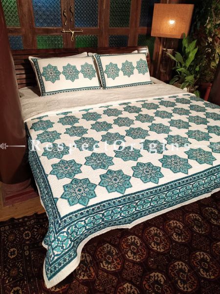 Quilted Block Printed High Quality Double Bedspread in Green with 2 Shams; Bedspread 110 x 90 Inches , Pillow Shams 29 x 19 Inches; RespectOrigins.com
