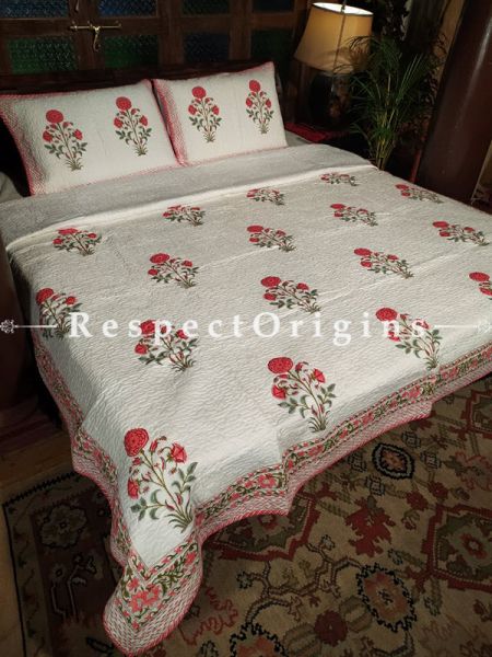 Quilted Block Printed High Quality Double Bedspread In White with Red Floral Motifs With 2 Shams; Bedspread 110 X 90 Inches , Pillow Shams 29 X 19 Inches ; RespectOrigins.com