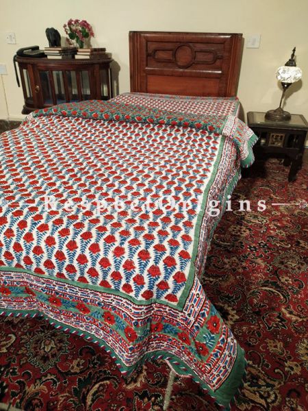 Quilted Block Printed High Quality Double Bedspread In White with Red Floral Motifs With 2 Shams; Bedspread 90 X 60 Inches , Pillow Shams 29 X 19 Inches; RespectOrigins.com