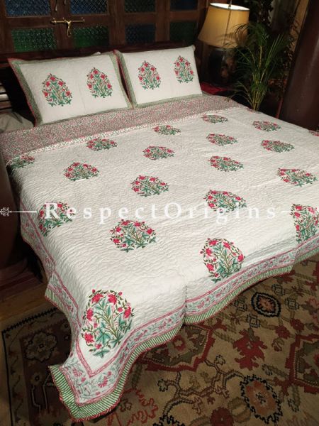 Quilted Block Printed High Quality Double Bedspread In White with Red & Green Floral Motifs With 2 Shams; Bedspread 110 X 90 Inches,Pillow Shams 29 X 19 Inches; RespectOrigins.com