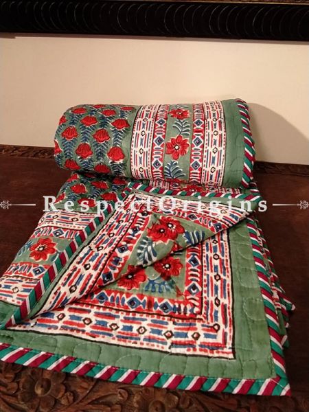 Quilted Block Printed High Quality Double Bedspread In White with Red Floral Motifs With 2 Shams; Bedspread 90 X 60 Inches , Pillow Shams 29 X 19 Inches; RespectOrigins.com