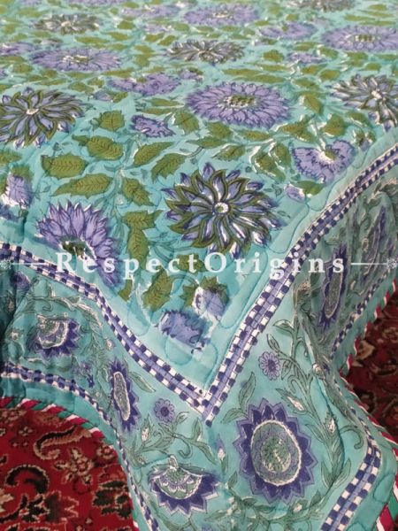 Quilted Block Printed High Quality Double Bedspread In Sea Green & Blue With 2 Shams; Bedspread 90 X 60 Inches,Pillow Shams 29 X 19 Inches; RespectOrigins.com