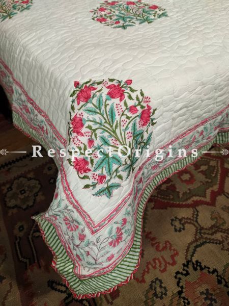 Quilted Block Printed High Quality Double Bedspread In White with Red & Green Floral Motifs With 2 Shams; Bedspread 110 X 90 Inches,Pillow Shams 29 X 19 Inches; RespectOrigins.com