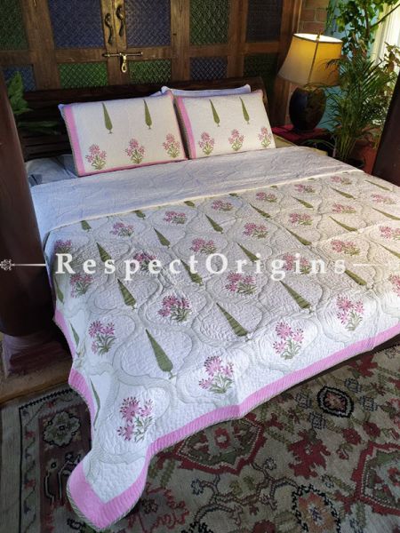 White with Pink Quilted Block Printed High Quality Double Bedspread with Leaf Motifs, 2 Shams; Bedspread 110 X 90 Inches , Pillow Shams 29 X 19 Inches ; RespectOrigins.com