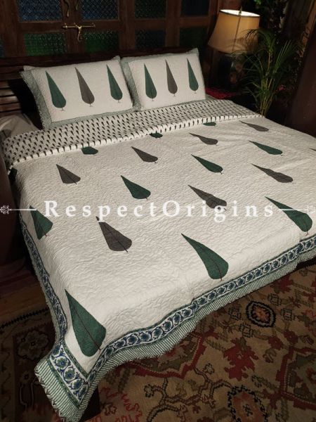 Quilted Block Printed High Quality Double Bedspread In White & Green With 2 Shams; Bedspread 110 X 90 Inches , Pillow Shams 29 X 19 Inches; RespectOrigins.com
