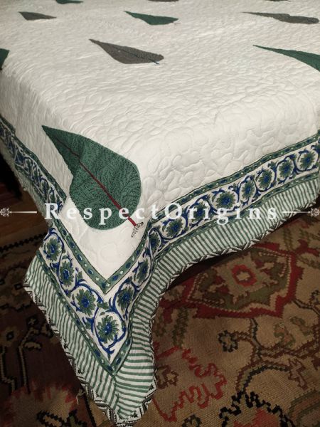 Quilted Block Printed High Quality Double Bedspread In White & Green With 2 Shams; Bedspread 110 X 90 Inches , Pillow Shams 29 X 19 Inches; RespectOrigins.com