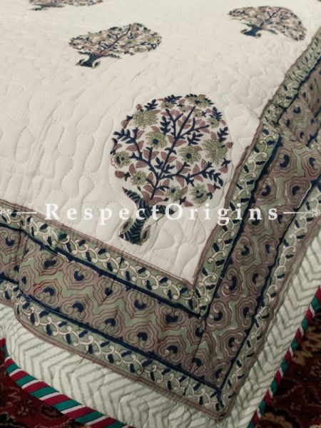 Quilted Block Printed High Quality Double Bedspread In White With Tree Motifs With 2 Shams; Bedspread 90 X 60 Inches 