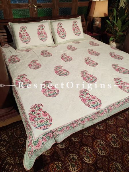 Quilted Block Printed High Quality Double Bedspread in Beige with 2 Shams; Bedspread 115 x 90 Inches , Pillow Shams 29 x 19 Inches; RespectOrigins.com