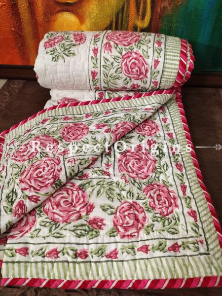 Quilted Block Printed High Quality Double Bedspread In White with Pink Floral Motifs With 2 Shams; Bedspread 90 X 60 Inches 