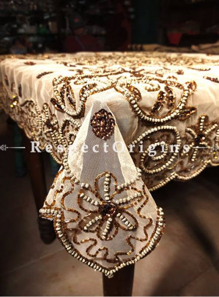 Buy Square Table Runner, Gold & White Beads, Beige base, Beadwork Handcrafted 39x39 in At RespectOrigins.com