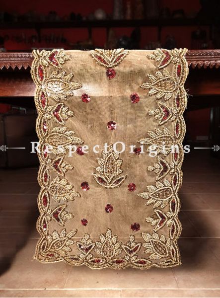 Buy Designer Table Runner, Golden Red Beads, Beige, Beadwork Handcrafted 58x18 in At RespectOrigins.com