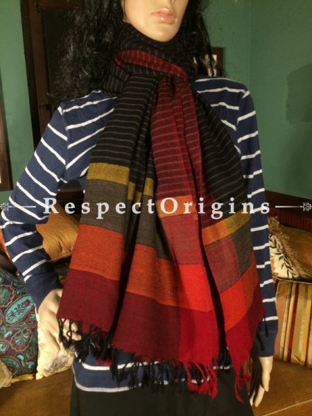 Buy Black Hand woven Woolen Kullu Stoles From Himachal with multiple borders; Size 80 x 27 inches at RespectOrigins.com
