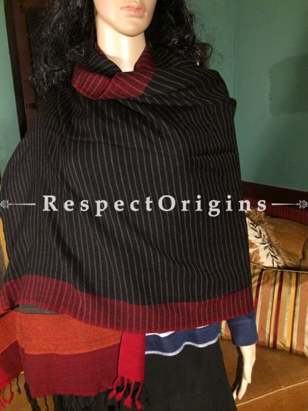 Buy Black Hand woven Woolen Kullu Stoles From Himachal with multiple borders; Size 80 x 27 inches at RespectOrigins.com
