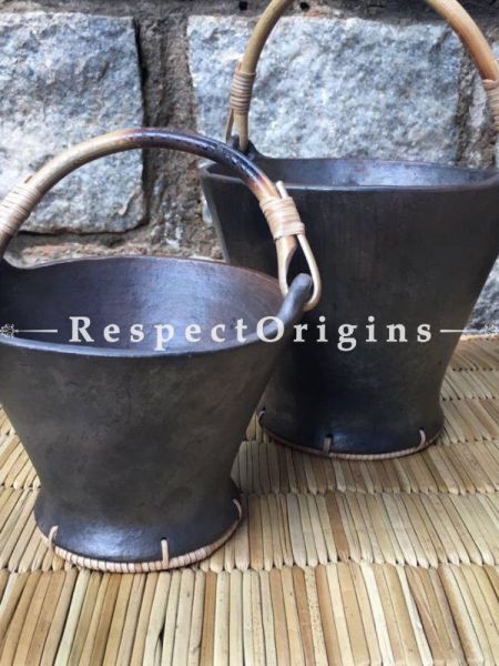 Earthen Cook n Serve Pair of Pots with Cane Handles; Longpi Black Pottery Set;  Big - 6.7 x 8.5 In; Small 5 x 6.5 In; Each Serves 4; RespectOrigins.com