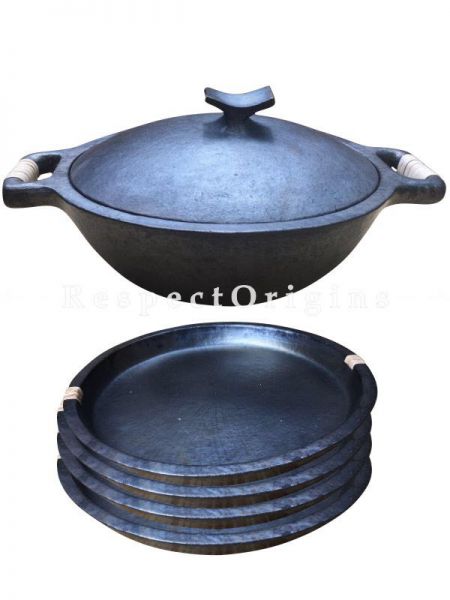 Cook and Serve From Oven or Stove to Table Longpi Black Pottery Organic Set Cooking Casserole Pot - 3.7 x 14.9 In. and 4 Plate Set - 10 In Dia.; RespectOrigins.com
