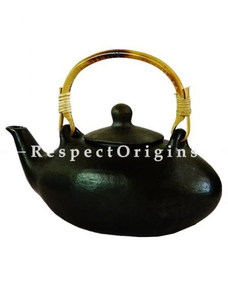 Buy Clay Oval Tea Kettle With Rattan Cane Handle; Handcrafted Longpi Manipuri Black Pottery; 9x4.5x4 in; Chemical Free At RespectOrigins.com