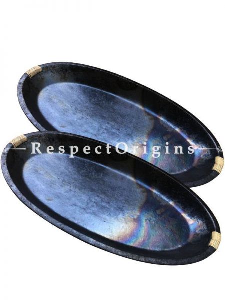 Set of 2 Oval Longpi Black Pottery Platters; Handcrafted and Chemical Free; 4 x 20 x 17 cm; RespectOrigins.com