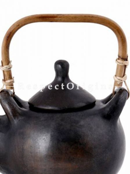 Buy Clay Tea Kettle With Rattan Cane Handle; Handcrafted Longpi Manipuri Black Pottery; 5x4 in; Chemical Free At RespectOrigins.com