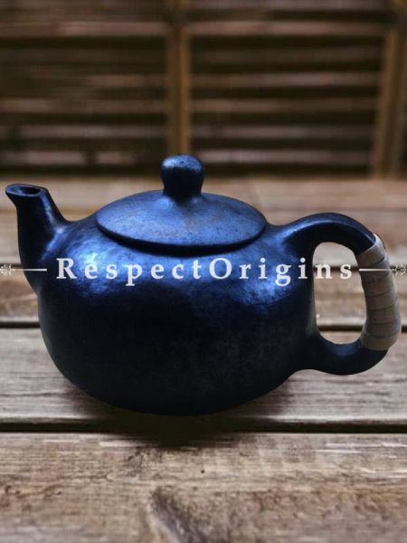 Exquisite Set of 4 Clay Coffee Mugs and a Kettle; Handcrafted Earthenware Longpi Manipuri Black Pottery Tea Set; 3.2 x 8 In.; RespectOrigins.com