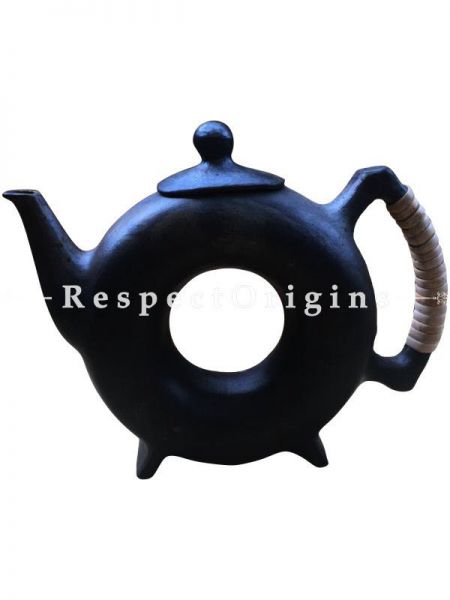 Set of 4 Clay Coffee Mugs and a Kettle; Handcrafted Earthenware Longpi Manipuri Black Pottery Tea Set; 9 In.; RespectOrigins.com